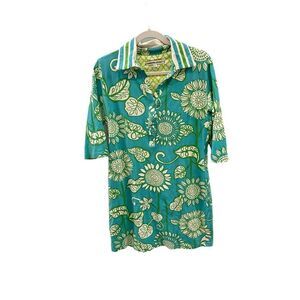 Barbara Gerwit Tropical Print Collared Hawaiian Shirt Blue Green Women's Medium